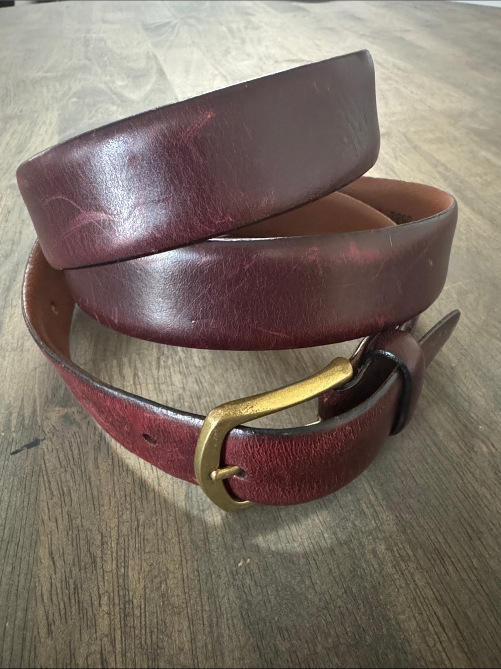 Men's Burgundy Leather Belt with Brass-Tone Buckle